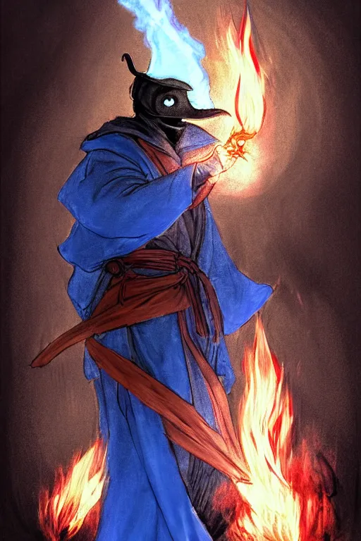 Image similar to a pencil smear sketch of a plague doctor with a blue wizard robe holding his right hand out with fire coming off of it, as a d & d character, blue robe, magical, red highlights, hip hop aesthetic, concept sheet, painting by gaston bussiere, demon slayer, akiri toriyama, dramatic lighting, professional manga style, anime