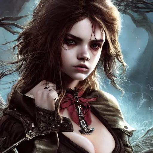 Image similar to Barbara Palvin as a Vampire Hunter, digital art, highly detailed, award winning, concept art, intricate, sharp focus, masterpiece, Louis Royo, Trending on Artstation HQ, unreal engine 5, 4K UHD image