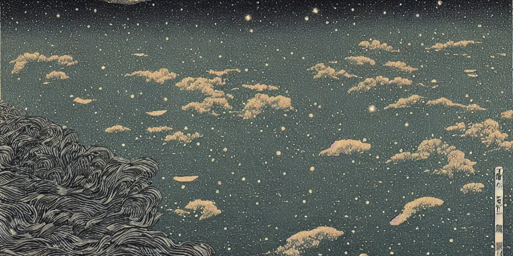 Prompt: stunning river landscape with sky full of galaxies by takato yamamoto