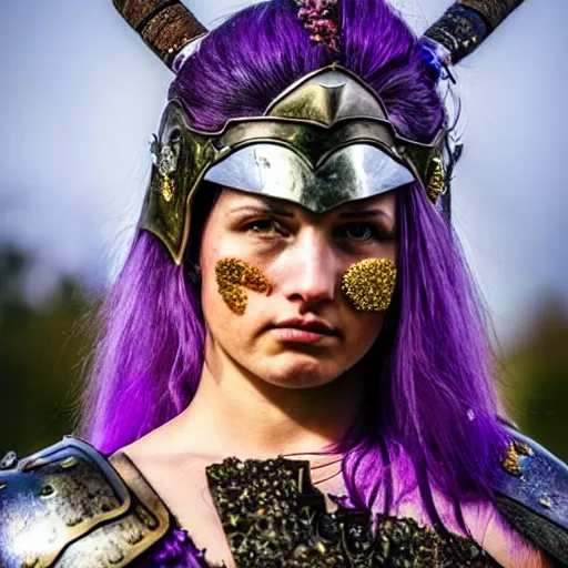 Image similar to photo of a real-life beautiful female warrior with amethyst encrusted armour