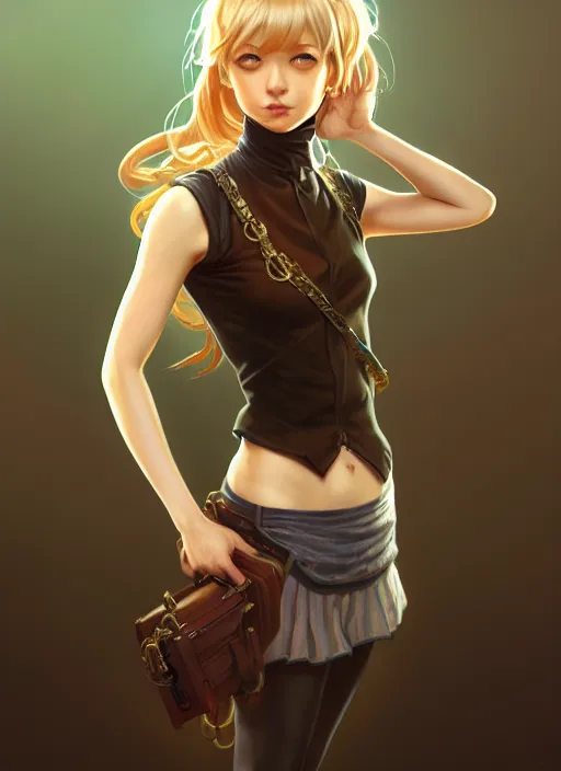 Image similar to portrait of a full body of beautiful young female detective, d & d, sleeveless turtleneck, fantasy, flat lighting, intricate, highly detailed, digital painting, artstation, concept art, smooth, sharp focus, illustration, misa amane, art by simon bisley and greg rutkowski and alphonse mucha, natural tpose