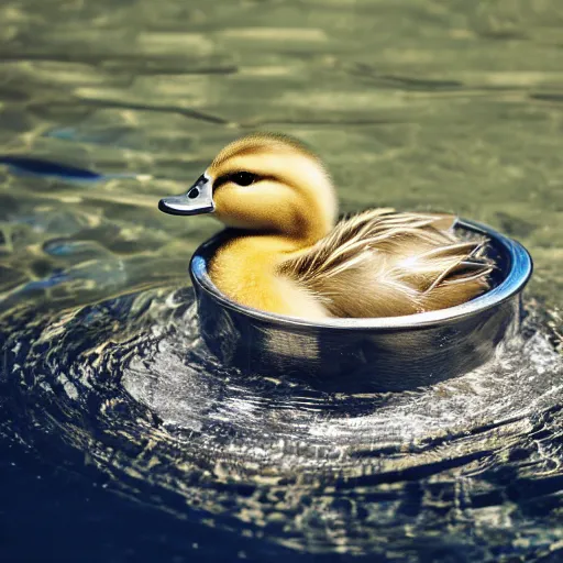 Image similar to cute duckling swimming in a small bowl of clear water, photography, minimalistic, 8 k