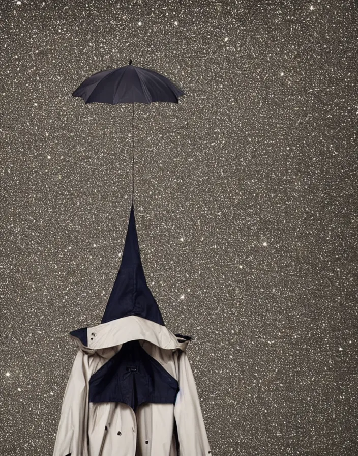 Image similar to close - up portrait of an empty slick fashionable zara raincoat floating suspended mid - air on a glittering rainy display designed by james terrell, wes anderson, symmetry, rule of thirds