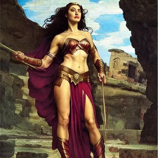 Prompt: Full body oil painting of the beautiful woman Gal Gadot, she is wearing some withe ancient roman cloths and a surreal ornate, her hair is natural disheveled, she is approaching heaven, people are claiming for her, she is attracting lightnings, naturalism, dramatic lighting, high-detailed oil painting by Ilya Repin, Michelangelo da Caravaggio, William Blake, Alex Grey and Beksinski, trending on Artsatio, hystorical painting, masterpiece, 4k, 8k,