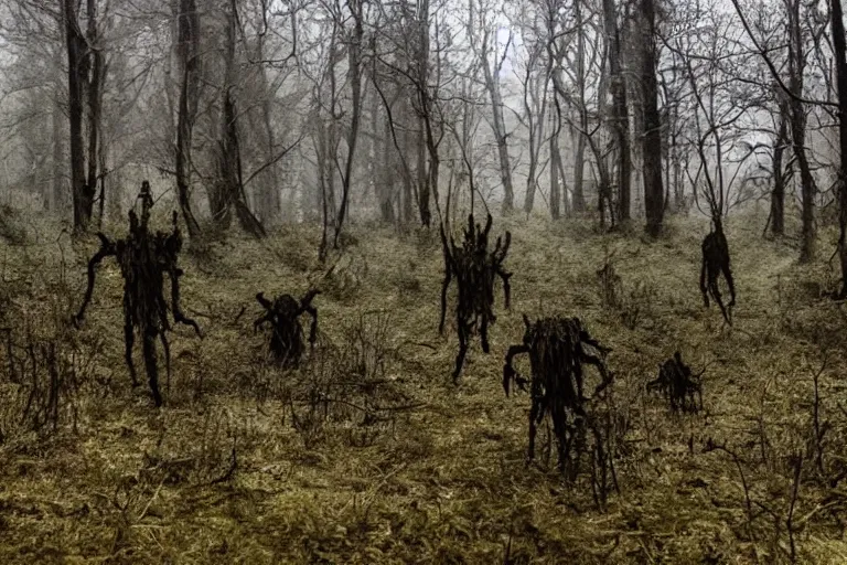 Prompt: photo of monsters lurking on the forest, unsettling atmosphere, eerie, bizarre, horror