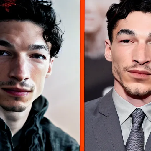 Image similar to A headshot of Ezra Miller side-by-side with a nuclear warhead