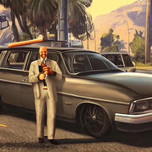 Prompt: highly detailed old man in car holding gun gta v art,, fantasy art by stephen bliss