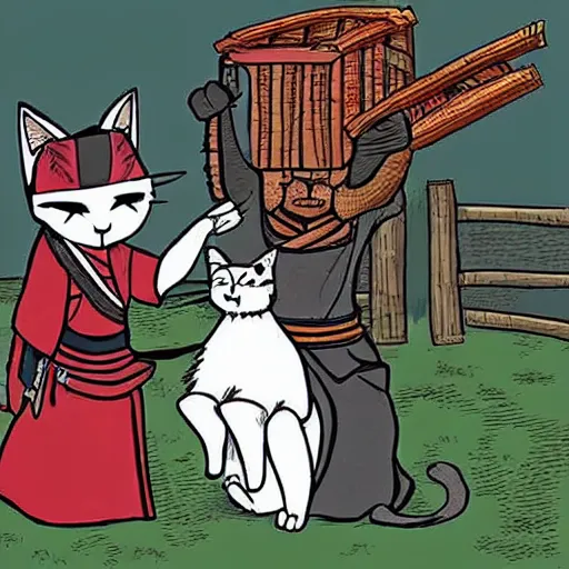 Prompt: a Sunday morning cartoon of a cat in samurai armor