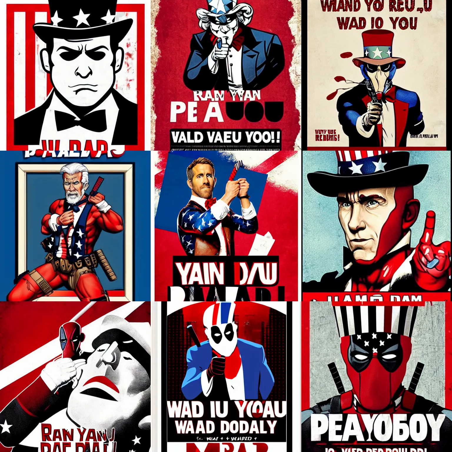 Prompt: ryan reynolds as deadpool as uncle sam, i want you poster, propaganda, photograph