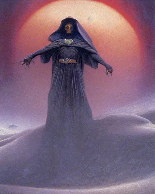 Prompt: paul atreides as emperor of dune, cinematic lighting, mist, sci-fi movie, mystical, oil painting by frank herbert and zdzislaw beksinski