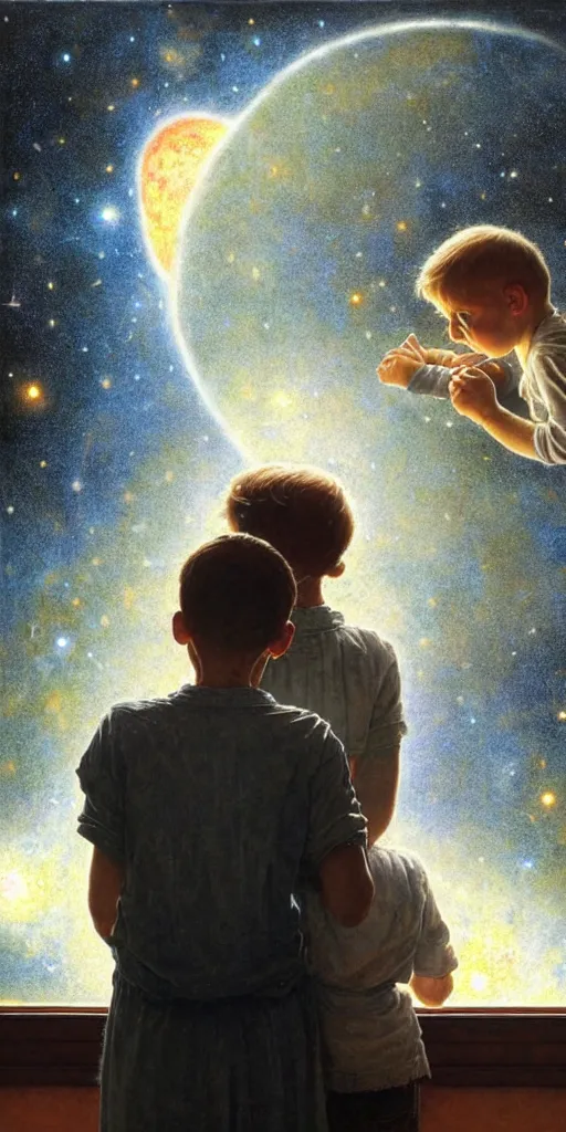 Prompt: a mother and her son looking at the wall of their bedroom and seeing the universe full of galaxies and planets, imagination, part by norman rockwell, part by greg rutkowski, part by mattias adolfsson, high angle, ( ( ( ( volumetric lighting ) ) ) ), oil on canvas