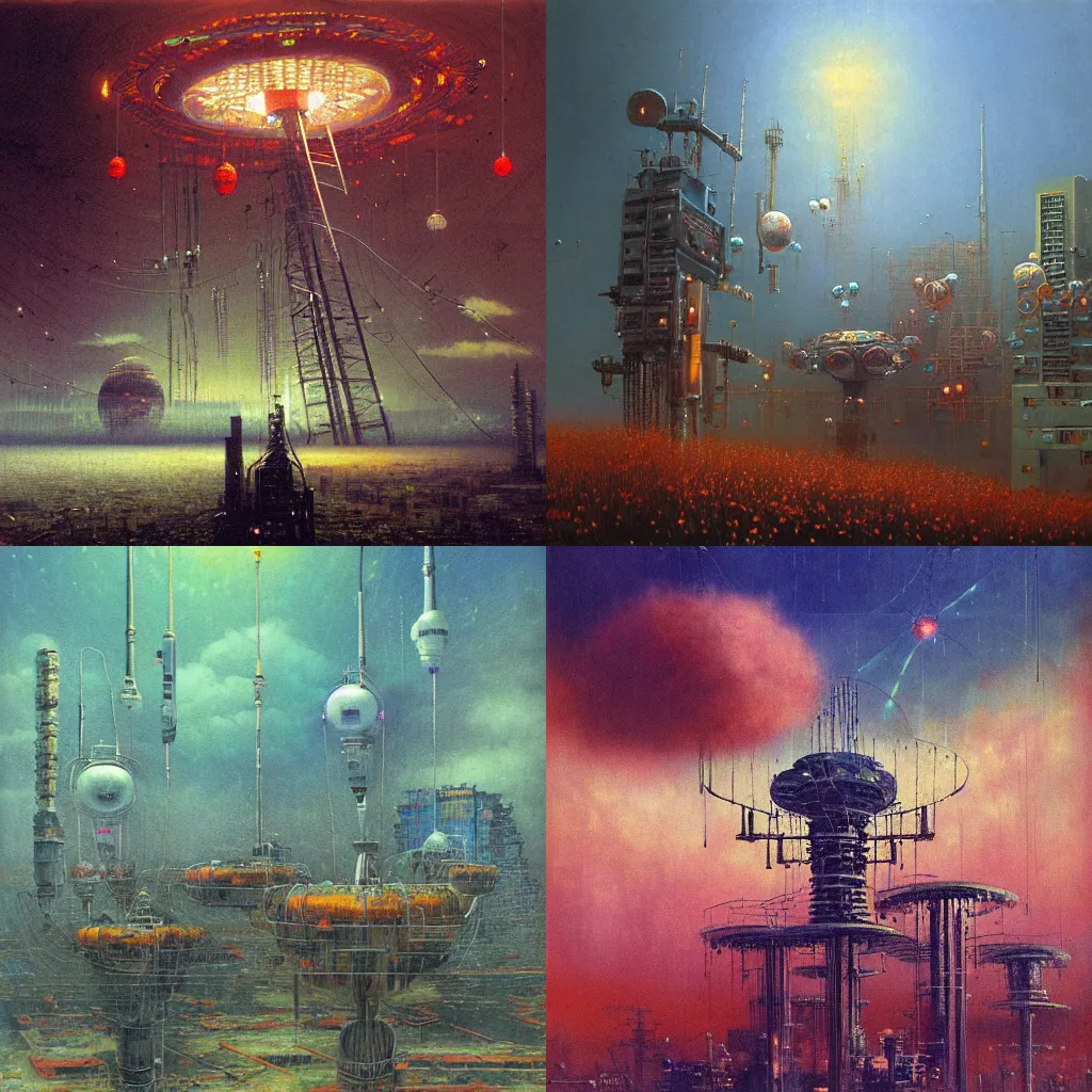 Prompt: detailed painting of a cyberpunk satellite station, exterior, floral ornaments, volumetrics lights, beam of bright lights through the clouds, beksinski, bougeureau