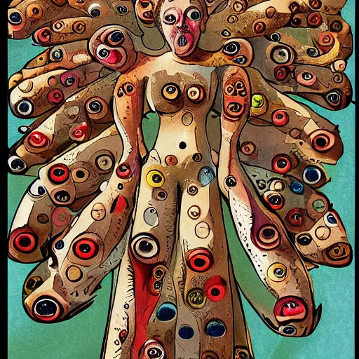 Prompt: biblical angels depicted as horrifying interlocking flesh wheels covered in thousands of eyes, children's book illustration