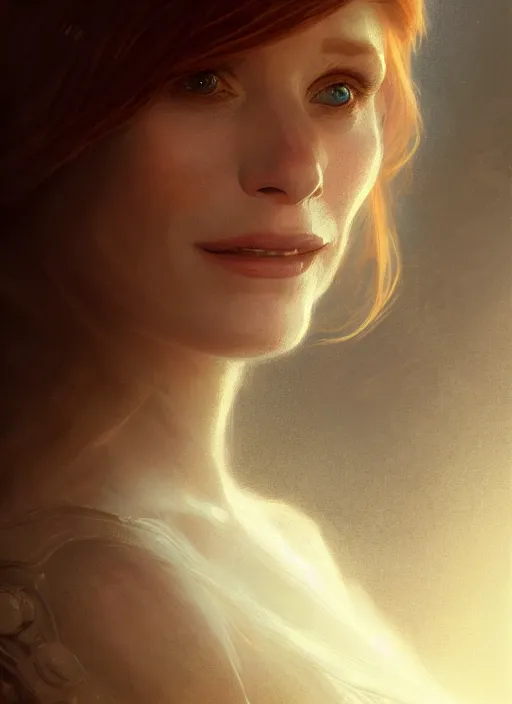 Image similar to portrait of bryce dallas howard, digital art by artgerm and greg rutkowski, gaston bussiere, sakimi chan and android jones and karol bak, cinematic lighting, trending on artstation, volumetric dust, intricate, elegant