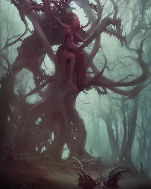 Image similar to portrait of a demon in a haunted forest by peter mohrbacher. photographic, photography. trending on artstation