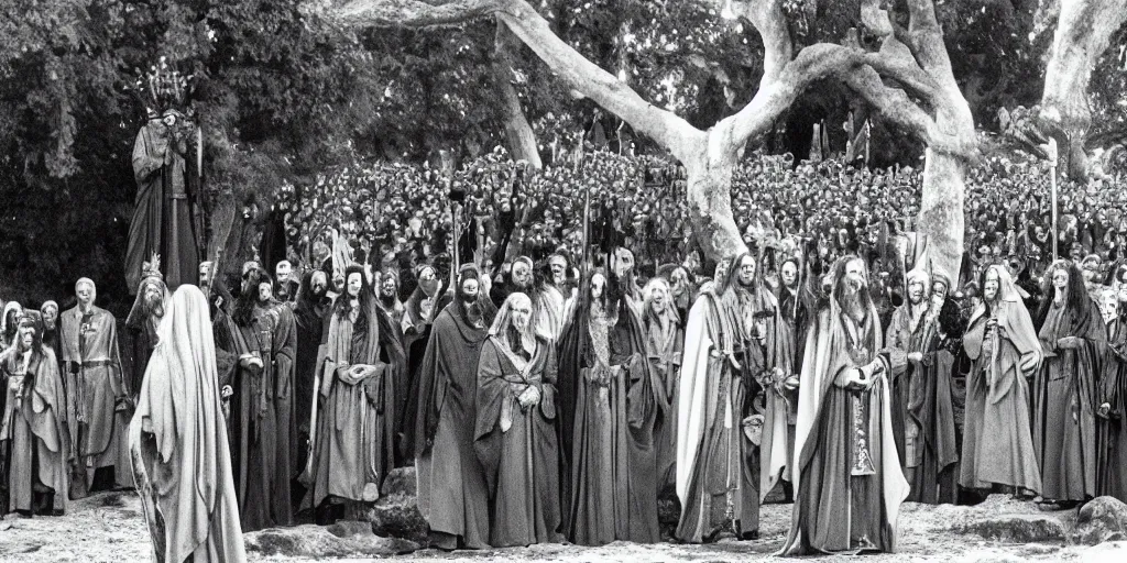 Image similar to 35mm picture of Aragorn being crowned king under the white tree of Minas Tirith, lord of the rings