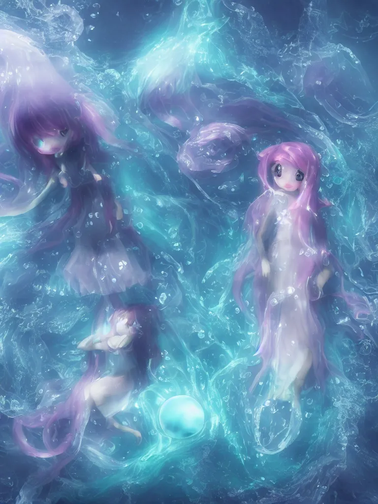 Prompt: cute fumo plush of an otherworldly translucent jellyfish goth girl floating in the deep sea, mysterious tattered maiden tendrils and dress, anime magical monster girl, heavy rain reflective water surface, glowing lens flare wraith girl, wisps of volumetric fog and smoke in refracted vortices, vignette, bokeh, vray