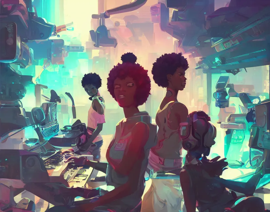 Image similar to afro - futuristic gamers, game consoles and joysticks, hacking the multiverse of gaming | hyperrealistic oil painting | by makoto shinkai, ilya kuvshinov, lois van baarle, rossdraws | afrofuturism, in the style of pascal blanche, trending on artstation | dark color scheme