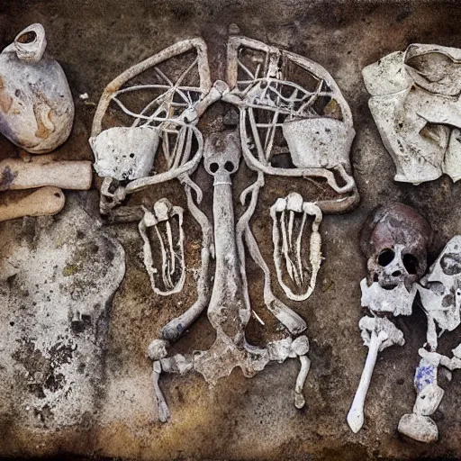 Image similar to archaeological artifact. photograph. watercolor painting. death and decay. cemetery; exposed bones. elephant graveyard; cartilage. ancient burial ground.