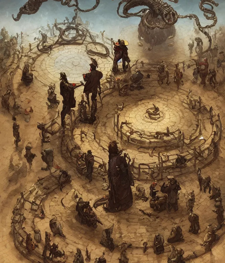 Image similar to a cowboy druid snake oil salesman standing in a circle at the bull run at the beginning of the world by peter mohrbacher and james jean