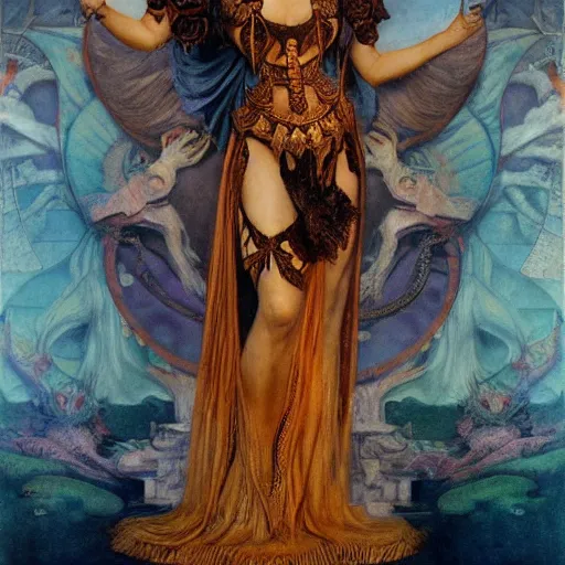 Image similar to the queen of the underworld in full regalia, by Annie Swynnerton and Diego Rivera and Tino Rodriguez and Maxfield Parrish, elaborately costumed, rich color, dramatic cinematic lighting, extremely detailed