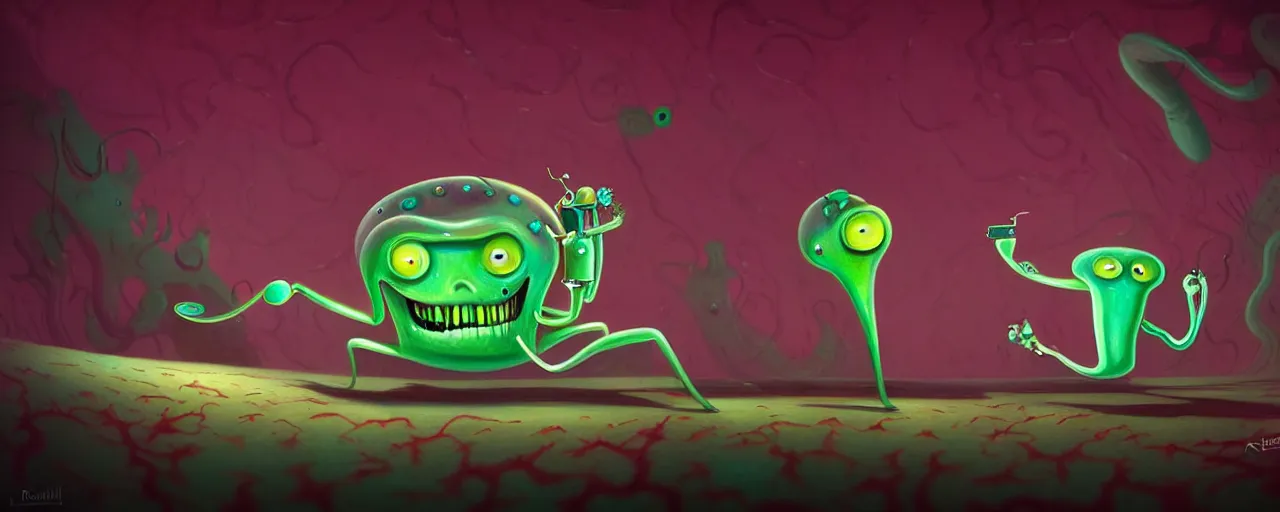 Prompt: wild whimsical plankton mutants from the depths of a wasteland deep in the imaginal realm, dramatic lighting, surreal fleischer cartoon characters, shallow dof, surreal painting by ronny khalil