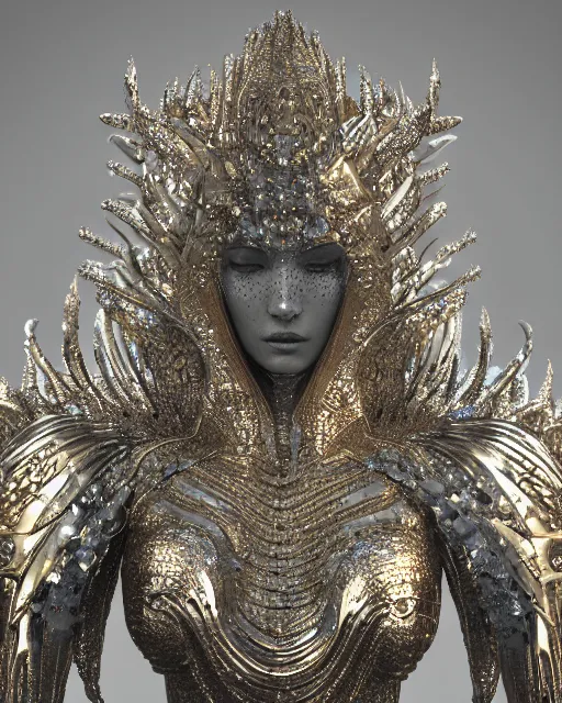 Image similar to a highly detailed metahuman 4 k close up render of an alien goddess bella hadid monument in iris van herpen armor schiaparelli in diamonds crystals swarovski and jewelry iridescent in style of alphonse mucha gustav klimt trending on artstation made in unreal engine 4