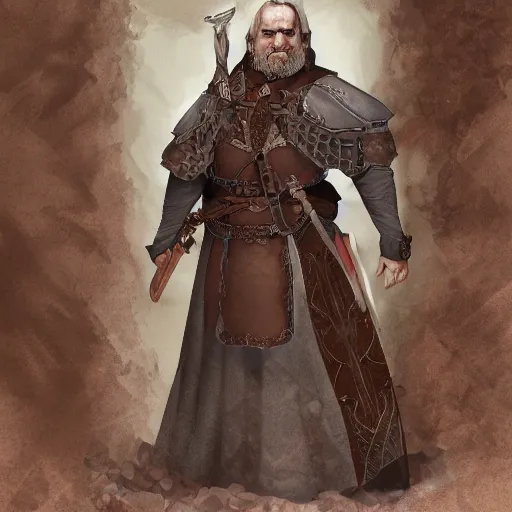 Image similar to 5 0 years old man, tall, stocky : : brown hair, sympathetic, stubble beard : : decorated medieval clothing : : high detail, digital art, rpg, concept art, illustration