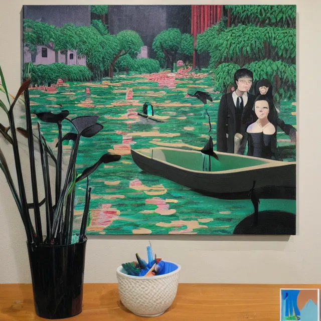 Image similar to painting of flood waters inside an apartment, zen, a tall catgirl art student, a river flooding inside, art supplies, pigs, ikebana, water, river, rapids, waterfall, black swans, canoe, pomegranate, berries dripping, acrylic on canvas, surrealist, by magritte and monet