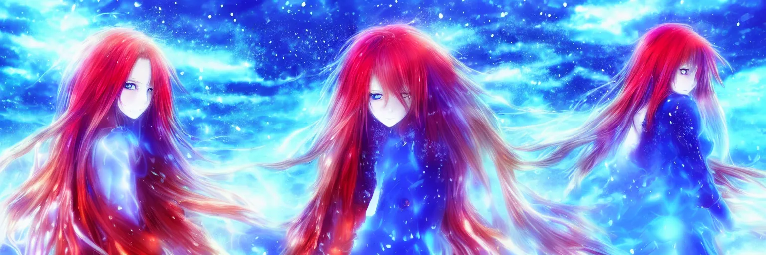 Image similar to advanced digital anime art, a very cute gorgeous teenage girl with a body made of fire and ice , full body, very long snow colored hair, sky blue highlights in hair, red fiery watery eyes, wearing a dress made of water, full round face, dramatic cinematic lighting, wideshot, highly intricately detailed, glitched background, broken screen, trending on pixiv, Artstation, painted by Rossdraws and the style of Sakimimichan