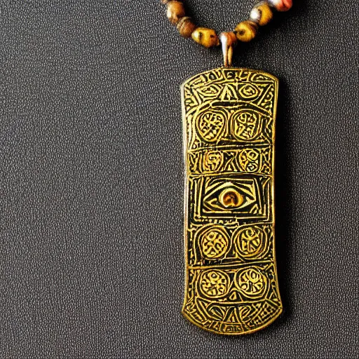 Prompt: african golden amulet, ornate details, damaged, patterns and symbols all around the amulet, clean white background