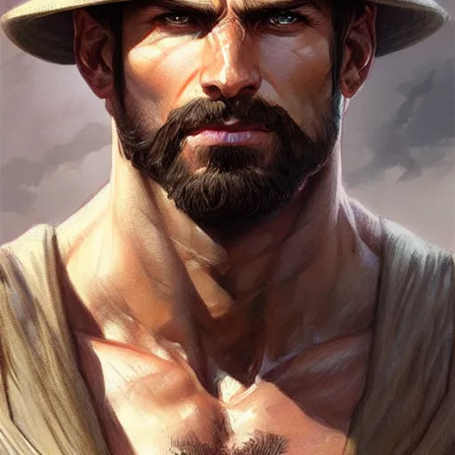 Image similar to Portrait of rugged male ranger, D&D, muscular, fantasy, intricate, elegant, highly detailed, digital painting, artstation, concept art, smooth, sharp focus, illustration, art by artgerm and greg rutkowski and alphonse mucha