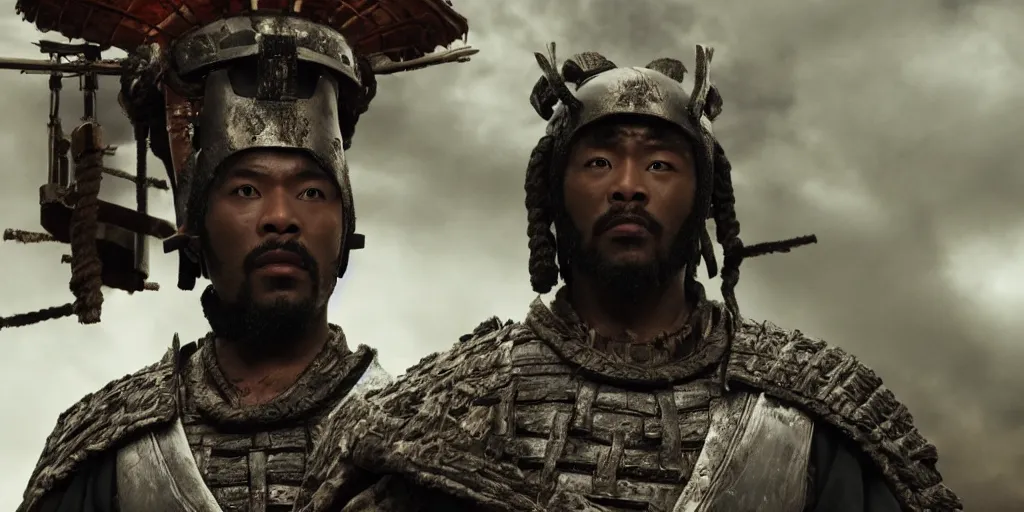 Image similar to a film still of a black man starring in a japanese blockbuster film as ancient samurai, intense, shallow depth of field, cinematic, award winning cgi, vfx, film still