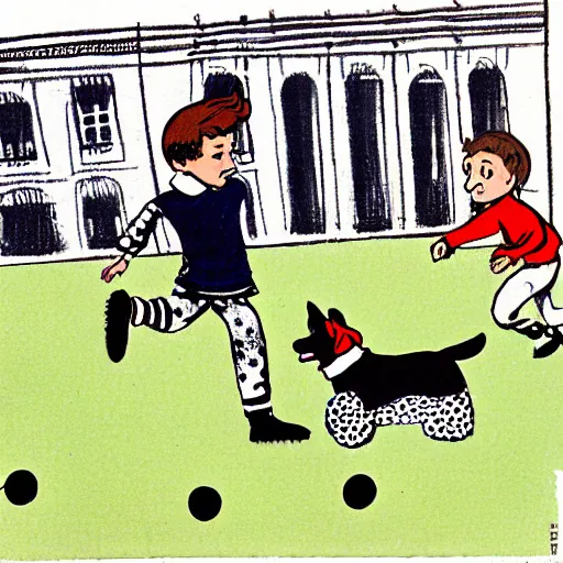 Image similar to illustration of french boy on the streets of paris playing football against a corgi, the dog is wearing a polka dot scarf, comic, 1 9 6 6