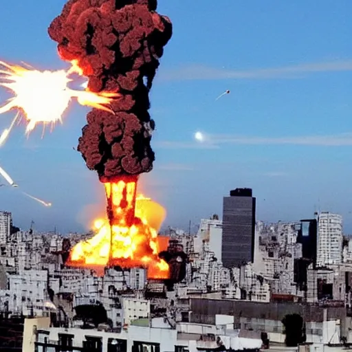 Image similar to a high-quality photo of a thermonuclear explosion in the middle of Buenos Aires, debris flying everywhere