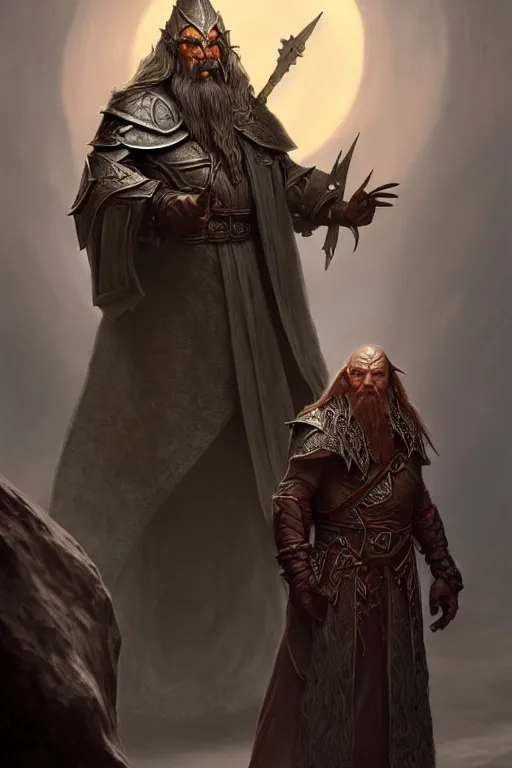 Prompt: a portrait of an elven wizard next to a dwarf paladin, grimdark extremely detailed fantasy art by Gerald Brom, octane render