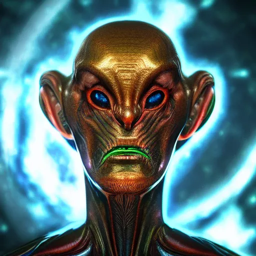 Image similar to photorealistic alien deity. hyperdetailed photorealism, 1 0 8 megapixels, amazing depth, glowing rich colors, powerful imagery, psychedelic overtones, 3 d finalrender, 3 d shading, cinematic lighting, artstation concept art