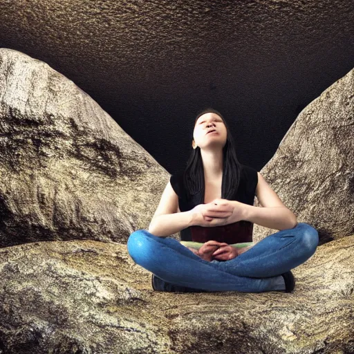 Image similar to Woman sitting under a ginormous rock overhead, partially cupping her hands, gesturing it outward!!!!! to the camera!!!!!, in a rainy environment, fisheye!!!!! lens!!!!!, rainy and wet atmosphere, closeup, dark and grim lighting, trending on artstation, 4k, 8k