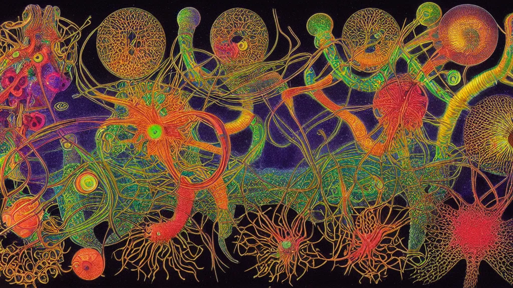 Image similar to quantum connections represented as symbiotic organisms like cells playing around with colorful lights by ernst haeckel, liquid