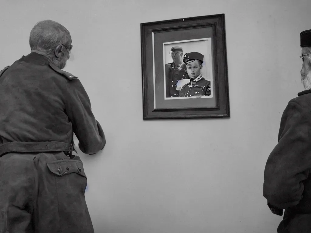 Prompt: An old man gazing sullenly at a framed vintage photo of a younger man in a military outfit, hyperrealism