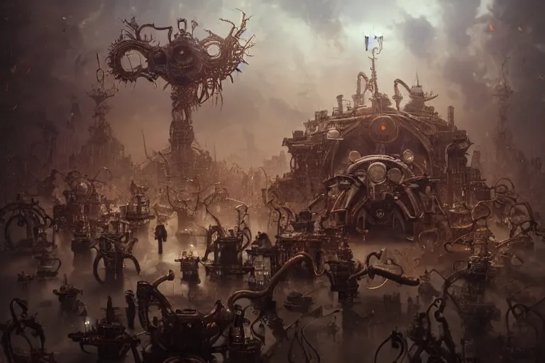 Prompt: steampunk family fighting a horde of crazy cyborg lovecraftian gods, 3d scene, render, ultra realistic, zenith view, Greg Rutkowski, artstation, cgsociety, unreal engine, ray racing, detailed illustration, hd, 4k, digital art, overdetailed art, concept art, complementing colors, Trending on artstation, deviantart