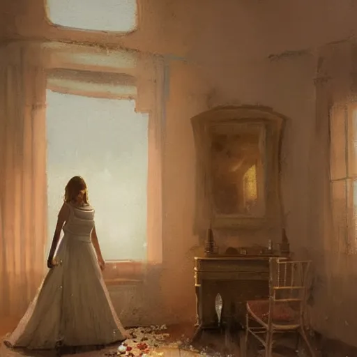 Prompt: A woman in a wedding dress, house interior, golden hour, by Greg Rutkowski