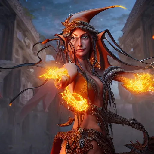 Image similar to digital art of half-elf sorceress from dungeons and dragons, a fireball spell forms in her hands, in a crowded ancient persian city, insanely detailed, depth of field unreal engine ultra-wide angle lens, volumetric lighting, vivid color,