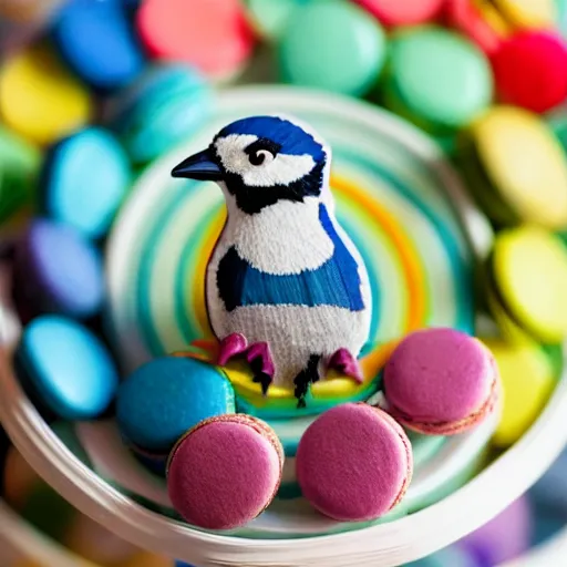 Image similar to A blue jay standing on a large basket of rainbow macarons.