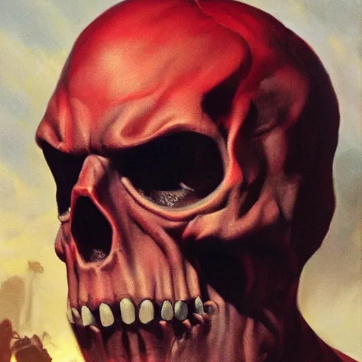 Image similar to ultra realistic portrait painting of red skull, art by frank frazetta, 4 k, ultra realistic, highly detailed, epic lighting