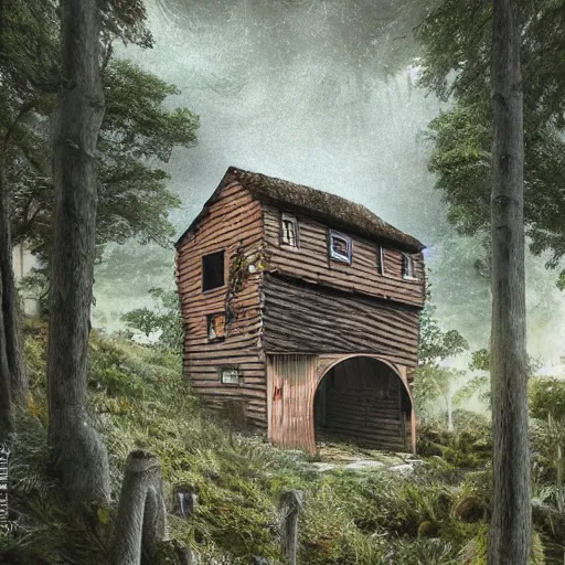 Image similar to Ultra realistic illustration of a ramshackle multistory fairytale hut in the forest