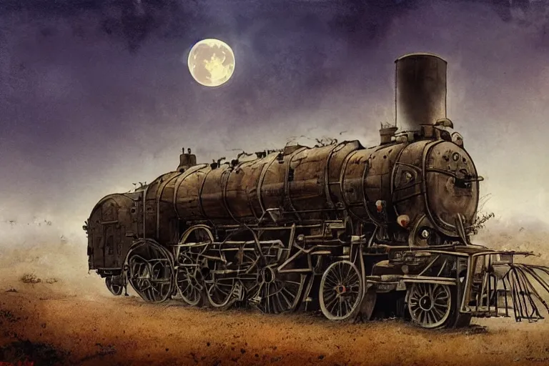 Prompt: an old locomotive, by jean - baptiste monge, eerie moon eclipse cinematic scenery