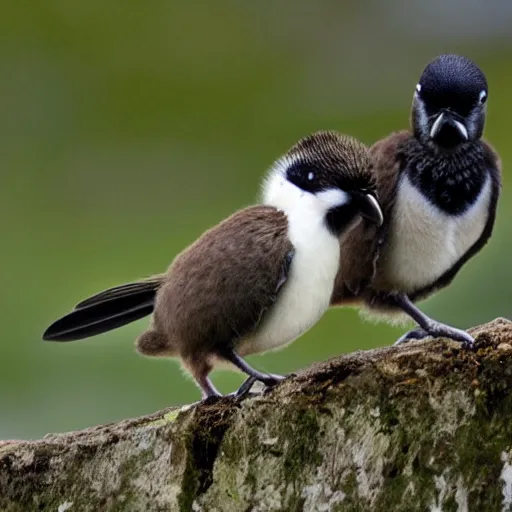 Prompt: two cute kiwi birds leaning against each other