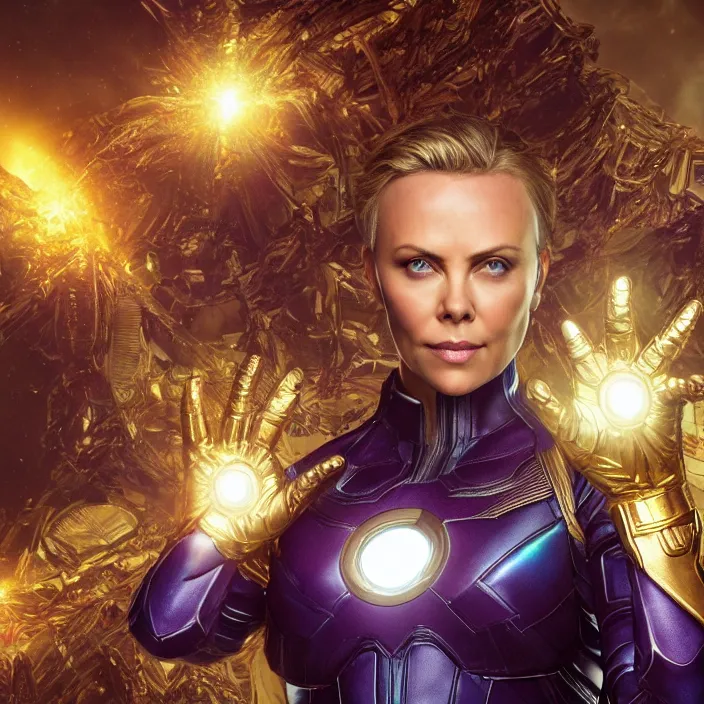 Prompt: (The Infinity Gauntlet), Charlize Theron, intricate artwork. octane render, trending on artstation, very coherent symmetrical artwork. avengers. thanos. cinematic, hyper realism, high detail, octane render, 8k, iridescent accents