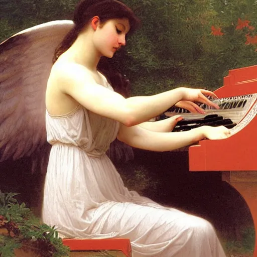 Image similar to an oil painting of an angel playing a Korg keyboard, by Bouguereau, highly detailed and intricate,